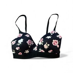 Pink Floral Black wirefree Bra Sz 36D
